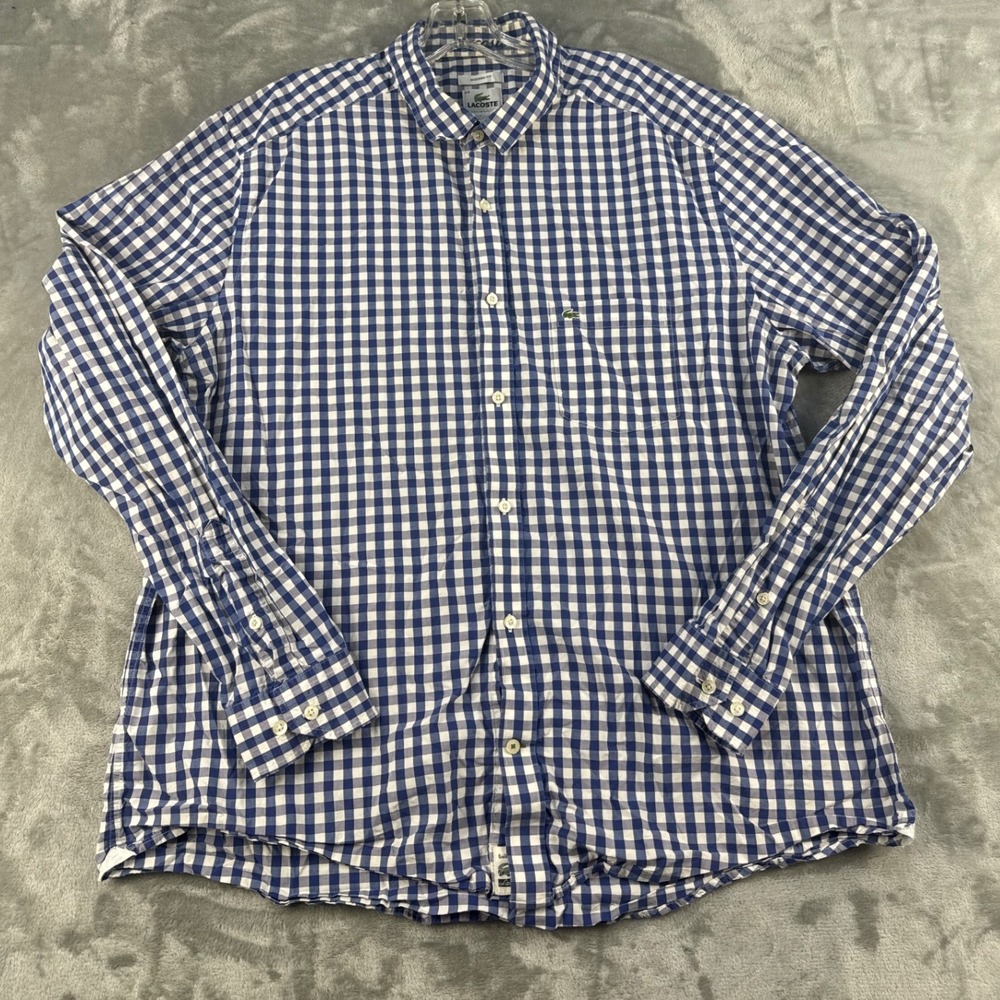 Lacoste‎ Mens Modern Fit Gingham Button Down Shirt Blue White Cotton Size 44 XL